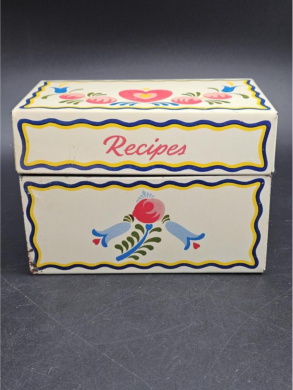 Vintage Ohio Art Metal Recipe Box Tin Pennsylvania Dutch Folk Art Hearts Paper